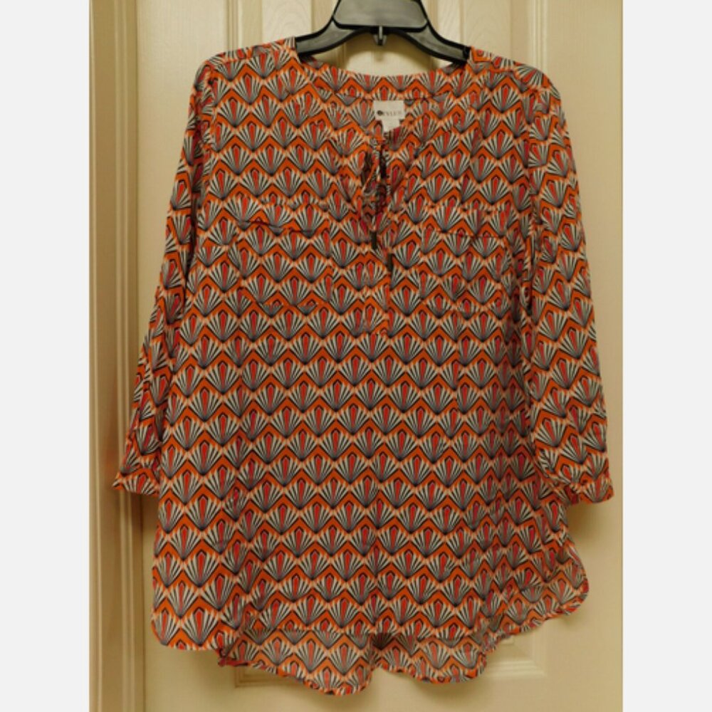 STYLUS Womens Blouse 3/4 Sleeve High Low Hem Orange Tunic Boho Large